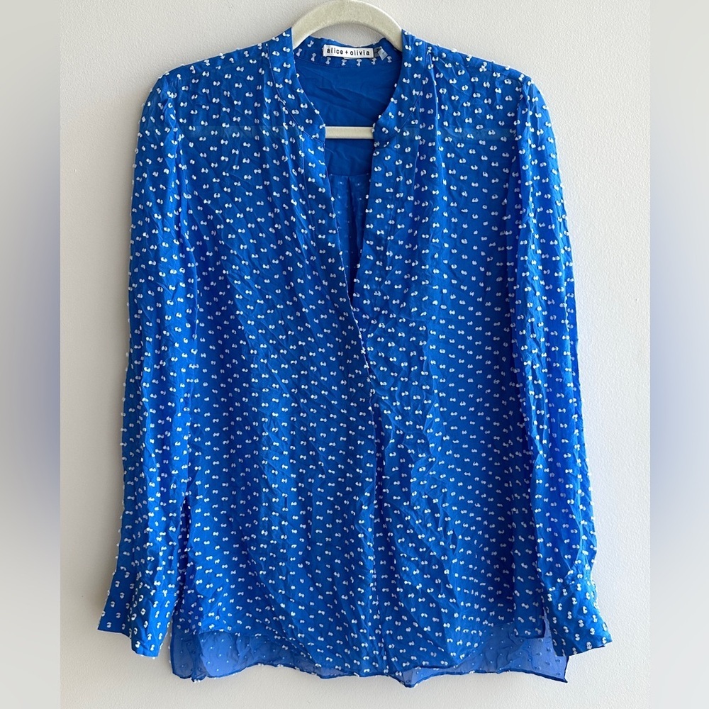 alice + olivia Bright Blue/White Dotted Silk Sheer Blouse, Size Medium